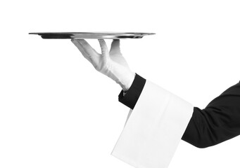 Elegant butler holding silver tray isolated on white, closeup - obrazy, fototapety, plakaty