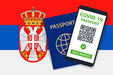 Covid-19 Passport on Serbia Flag Background. Vaccinated. QR Code. Smartphone. Immune Health Cerificate. Vaccination Document. Vector