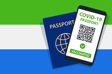 Covid-19 Passport on Sierra Leone Flag Background. Vaccinated. QR Code. Smartphone. Immune Health Cerificate. Vaccination Document. Vector