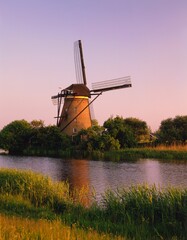 netherlands, kinderdijk, windmill in evening light, europe, sky, windmill, water, river, trees, outside, 