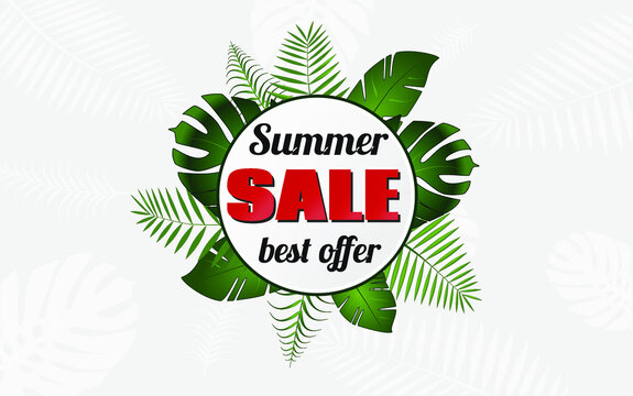 Colorful summer sale banner with tropical plants. Vector illustration