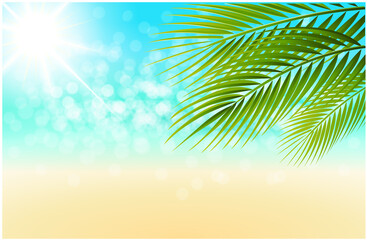 Fototapeta na wymiar beach holiday background with palm tree, sparkling sea bokeh light and sunlight