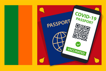 Covid-19 Passport on Sri Lanka Flag Background. Vaccinated. QR Code. Smartphone. Immune Health Cerificate. Vaccination Document. Vector