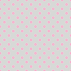 Seamless dots pattern. Pink and white daisies on gray background. Dotted abstract floral background.
