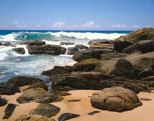 coast, rocks, surf, sea, rocky coast, boulders, shore, sand, surf waves, nature, landscape,...