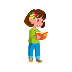 funny little girl reading book in bookstore cartoon vector. funny little girl reading book in bookstore character. isolated flat cartoon illustration