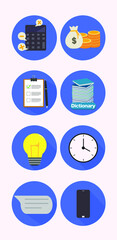 set icon for smart phone.chat or message, phone, bright, clock, calculated, note, finance, dictionnary icon vector ion white bakgorund.
