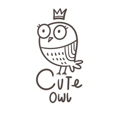Cute doodle owl emblem. Funny vector character. Line art animal print. Cartoon bird poster.