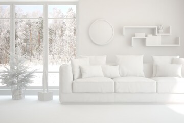 Mock up of stylish room in white color with sofa and winter landscape in window. Scandinavian interior design. 3D illustration