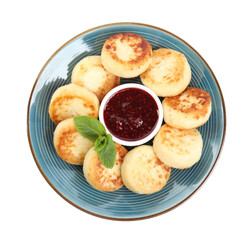 Delicious cottage cheese pancakes with jam and mint isolated on white, top view