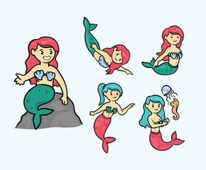 Set of cute mermaid girl design illustration