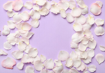 Fototapeta na wymiar Frame of beautiful petals on lilac background, flat lay. Space for text