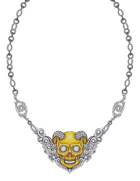 Jewelry design art vintage mix devil skull hi-end silver and gold necklace. Hand drawing and painting on paper.

