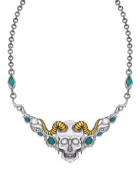 Jewelry design art surreal devil skull necklace. Hand drawing and painting on paper.
