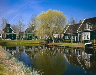 Fototapeta na wymiar netherlands, zaanse schans, museum village, near amsterdam, holland, north holland, open-air museum, houses, dwellings, historic, 17th c., river, 
