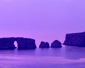 greece, peloponnese, bay, of navarino, rocks, evening mood, peninsula, west coast, coast, cliffs, rock arch, rock formation, sea, water, nature, landscape, evening, mood, twilight, purple, 