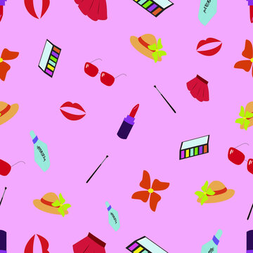 pattern flowers parfums smile 
skirt glasses 
lipstick on the pink background