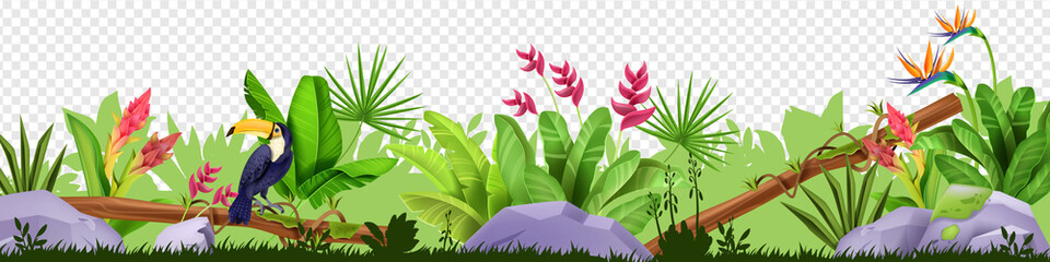 Jungle floral border, vector tropical nature illustration, toucan, green grass, leaves, stone, exotic flowers. Summer rainforest frame, lush foliage, amazon wildlife. Hawaii jungle border, garden bush © Oleksandra