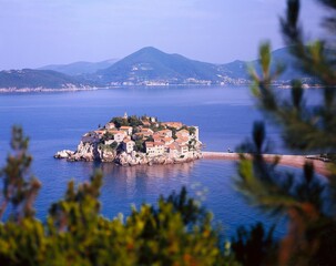 montenegro, budva, sveti stefan, hotel, europe, island, hotel island, building, houses, small, posh hotel, luxury hotel, accommodation, exclusive, tourist resort, destination, sea, mediterranean sea, 