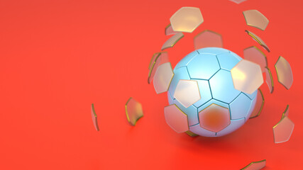 Fractured broken classic soccer football ball with hexagon segments. 3d rendering.