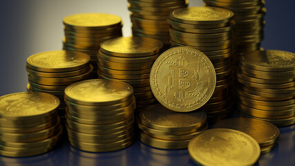 Stacks of golden Bitcoin coins. 3d illustration.