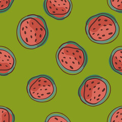 Random red watermelon slices seamless doodle pattern. Green background. Red berries clices backdrop.