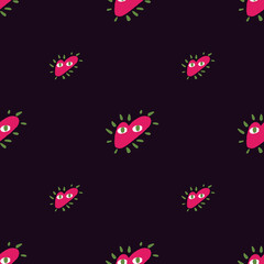 Doodle pink heart love seamless pattern in hand drawn doodle style. Black background. Simple print.