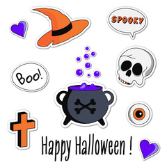 Halloween stickers set. Cartoon vector isolated illustration with witch hat, potion cauldron pot, cross, skull. 