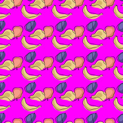 Natural seamless pattern with organic abstract bananas, plums, pears and apples shapes. Pink background.