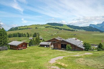 Fototapeta na wymiar Rolling meadows and houses in an alp plateau