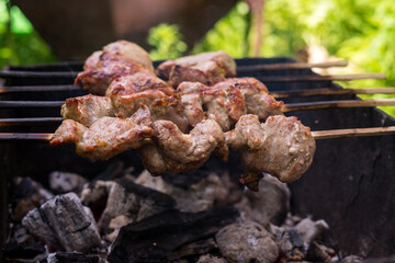 Person holding utensil and preparing meat on grill in back yard on a sunny day