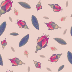 seamless floral pattern of rosebuds with leaves on a pastel background