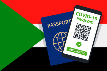 Covid-19 Passport on Sudan Flag Background. Vaccinated. QR Code. Smartphone. Immune Health Cerificate. Vaccination Document. Vector