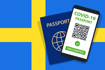 Covid-19 Passport on Sweden Flag Background. Vaccinated. QR Code. Smartphone. Immune Health Cerificate. Vaccination Document. Vector