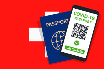 Covid-19 Passport on Switzerland Flag Background. Vaccinated. QR Code. Smartphone. Immune Health Cerificate. Vaccination Document. Vector