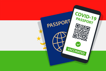 Covid-19 Passport on Tajikistan Flag Background. Vaccinated. QR Code. Smartphone. Immune Health Cerificate. Vaccination Document. Vector