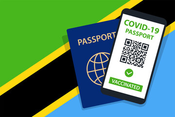 Covid-19 Passport on Tanzania Flag Background. Vaccinated. QR Code. Smartphone. Immune Health Cerificate. Vaccination Document. Vector