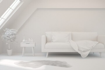 Mock up of minimalist living room in white color with sofa. Scandinavian interior design. 3D illustration