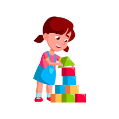 smiling girl kid building house with cubes toy in room cartoon vector. smiling girl kid building house with cubes toy in room character. isolated flat cartoon illustration