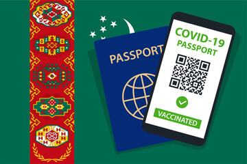 Covid-19 Passport on Turkmenistan Flag Background. Vaccinated. QR Code. Smartphone. Immune Health Cerificate. Vaccination Document. Vector
