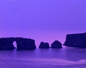 Naklejka premium greece, peloponnese, bay, of navarino, rocks, evening mood, peninsula, west coast, coast, cliffs, rock arch, rock formation, sea, water, nature, landscape, evening, mood, twilight, purple, 