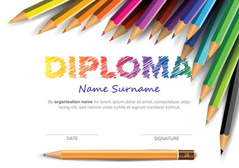 Child diploma certificate template with crayons