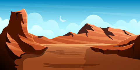 illustration of desert valley with various rocky mountains and hills with moon clear sky © wafi zimamul