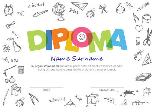 Child diploma certificate template with doodles