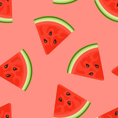 Slices of watermelon on a red background. Seamless pattern with fresh fruits. Vector flat illustration.