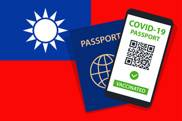 Covid-19 Passport on Taiwan Flag Background. Vaccinated. QR Code. Smartphone. Immune Health Cerificate. Vaccination Document. Vector