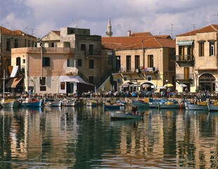 Greece, Crete, Rethymnon, village view, street cafe, fishing harbour