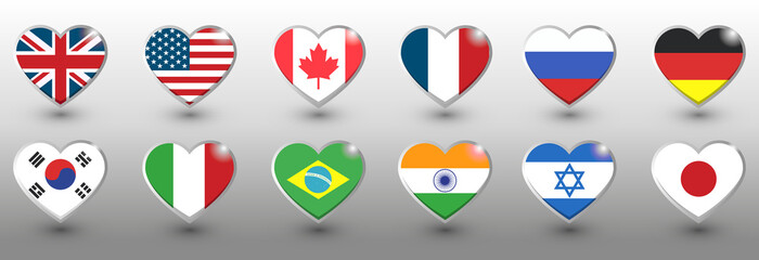 Set of twelve flags in heart shape style. Popular countries, vector illustration