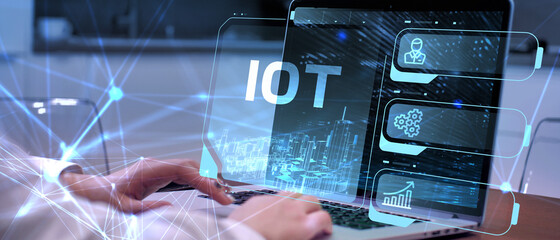 Internet of things - IOT concept. Businessman offer IOT products and solutions. Young businessman ...
