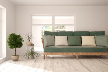White living room with sofa. Scandinavian interior design. 3D illustration